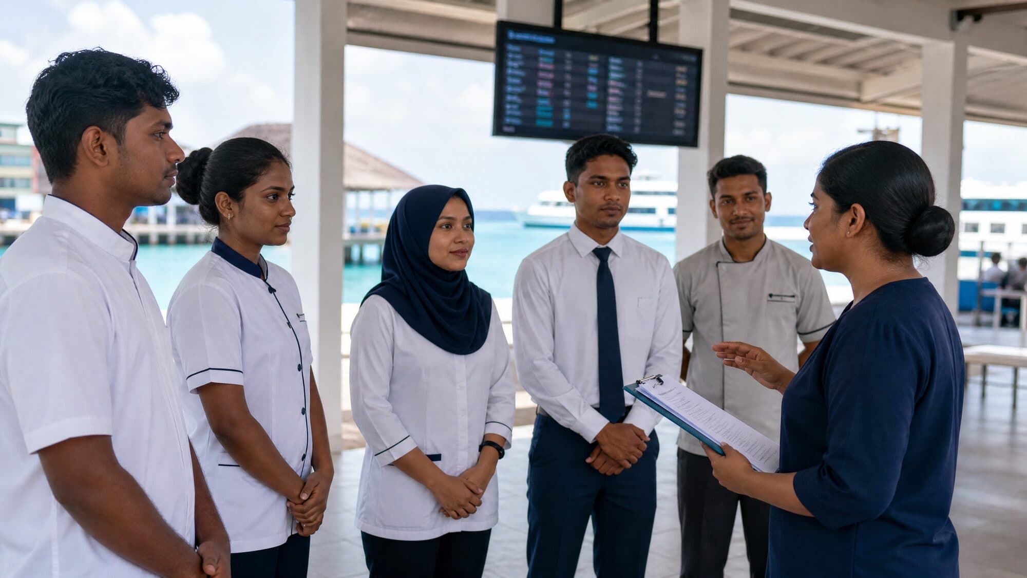 Workforce support officer welcoming employees at an arrival concourse